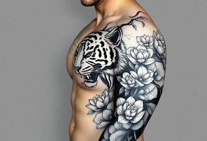 fierce tiger emerging through blooming lotus forrest in mist tattoo idea