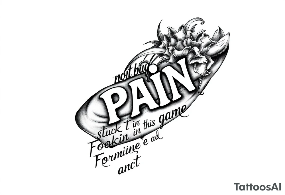 Gangster tattoo with the text” nothing but pain stuck in this game lookin for Fortune and fame” tattoo idea