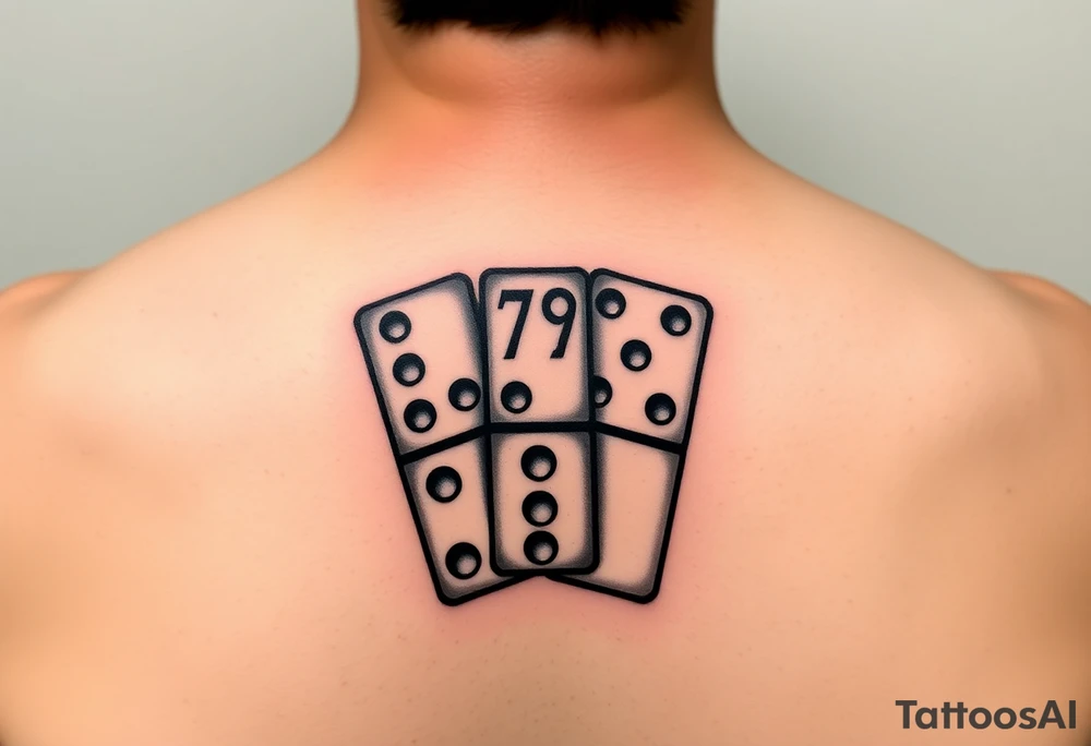 Tattoo design of three domino tiles, realistic retro style, not fine-line. The dominoes should be arranged visible together, with numbers: one domino with 8 (4+4), one with 7 (4+3), and one with 6 (six dots on the bottom half). On the top half of the domino with 6, add the initials ‘JH’, integrated in a subtle vintage lettering style. Shaded black and grey tattoo style, retro realistic, slightly worn texture tattoo idea