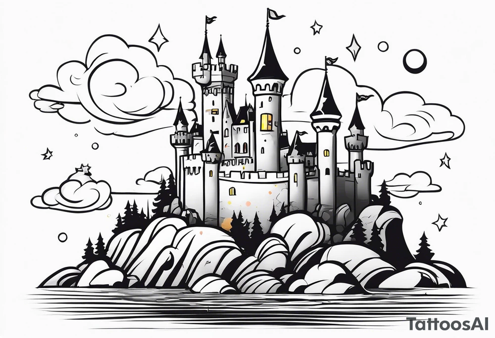 a castle floating on a small crystal tattoo idea