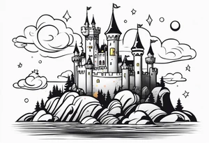 a castle floating on a small crystal tattoo idea