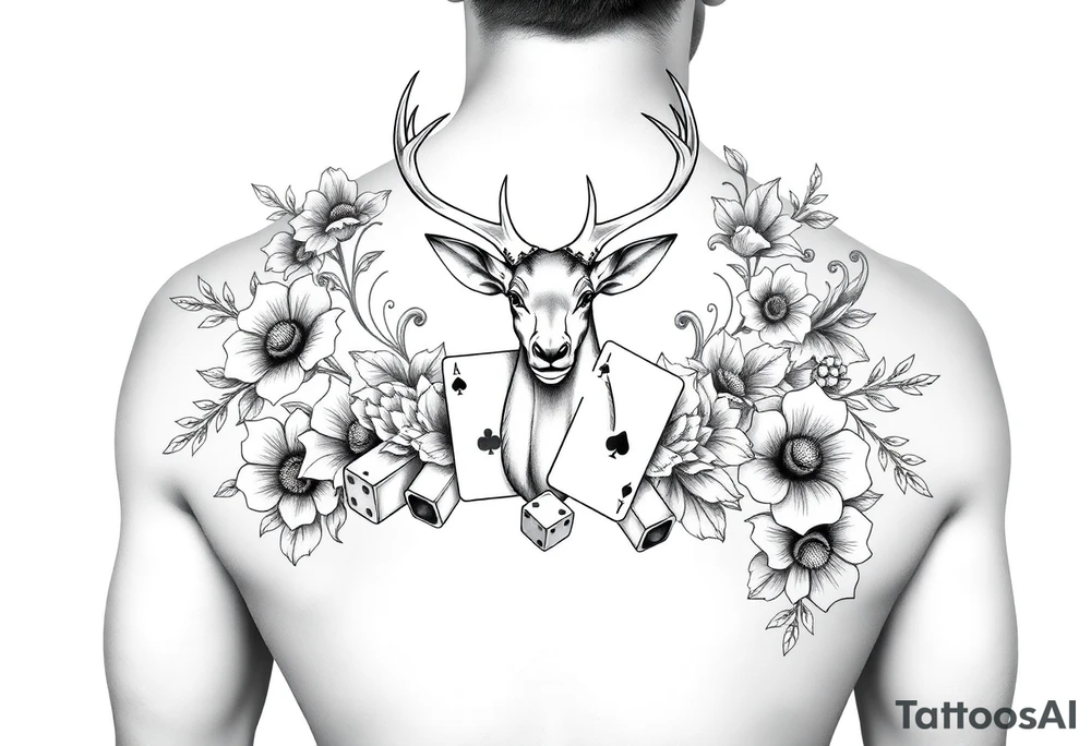 Casino theme with deer cards, dice poker, chips, and flowers and swirls in the background for a sleeve half sleeve tattoo idea