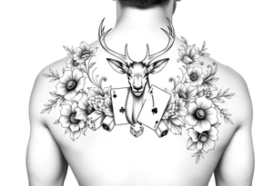 Casino theme with deer cards, dice poker, chips, and flowers and swirls in the background for a sleeve half sleeve tattoo idea