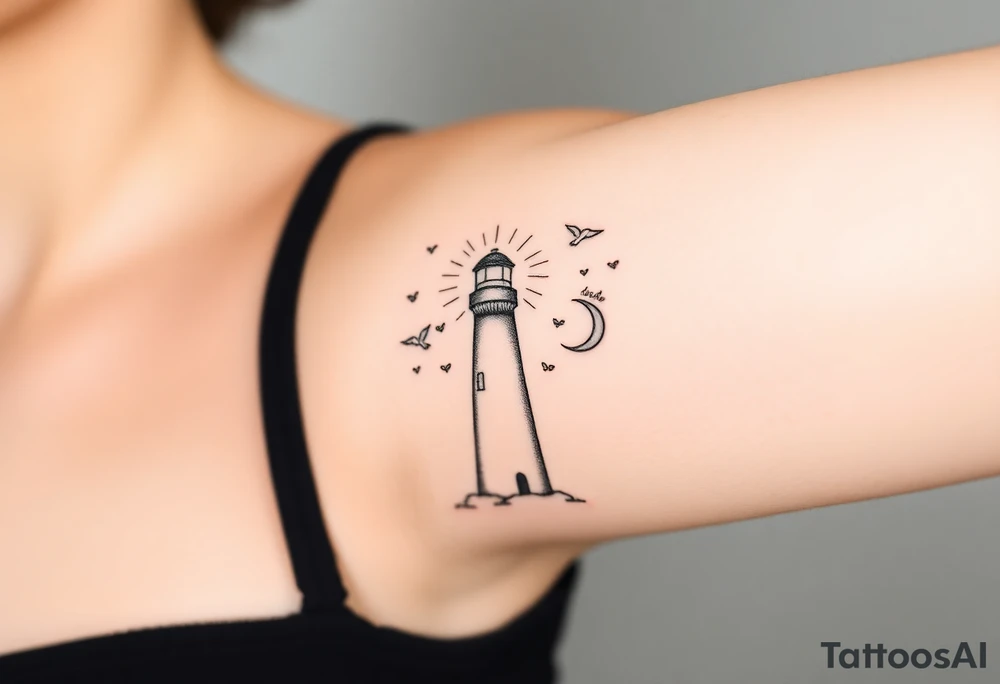 Simple Lighthouse shining with birds, a compass and crescent moon tattoo idea