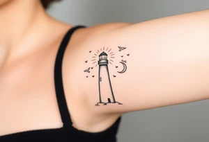 Simple Lighthouse shining with birds, a compass and crescent moon tattoo idea