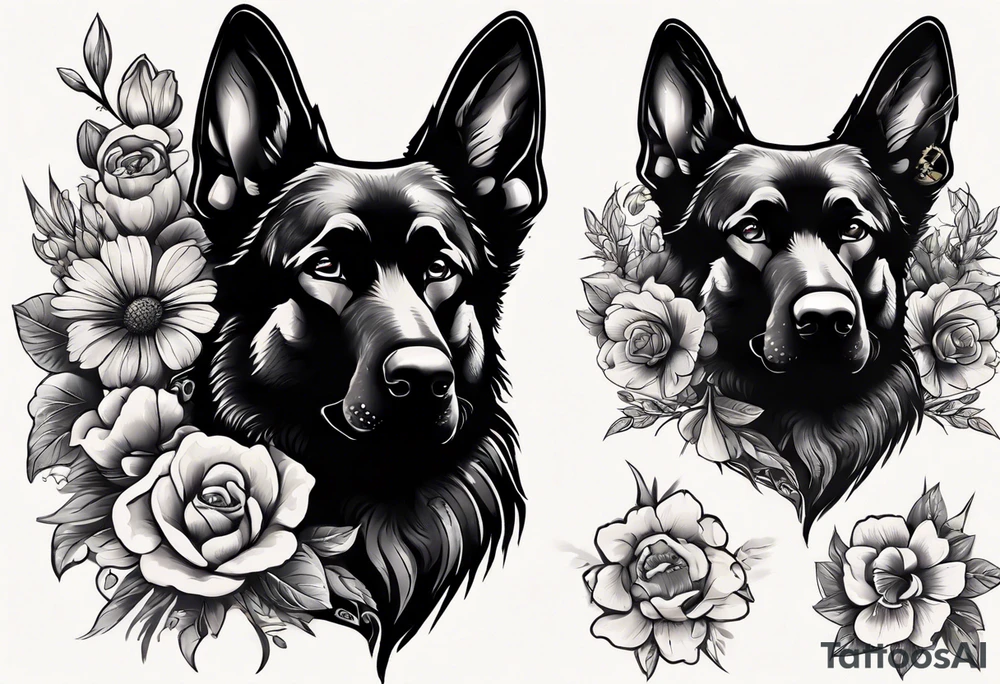 Black German shepherd portrait with flowers tattoo idea