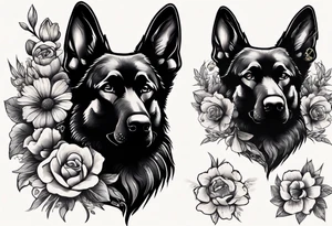 Black German shepherd portrait with flowers tattoo idea