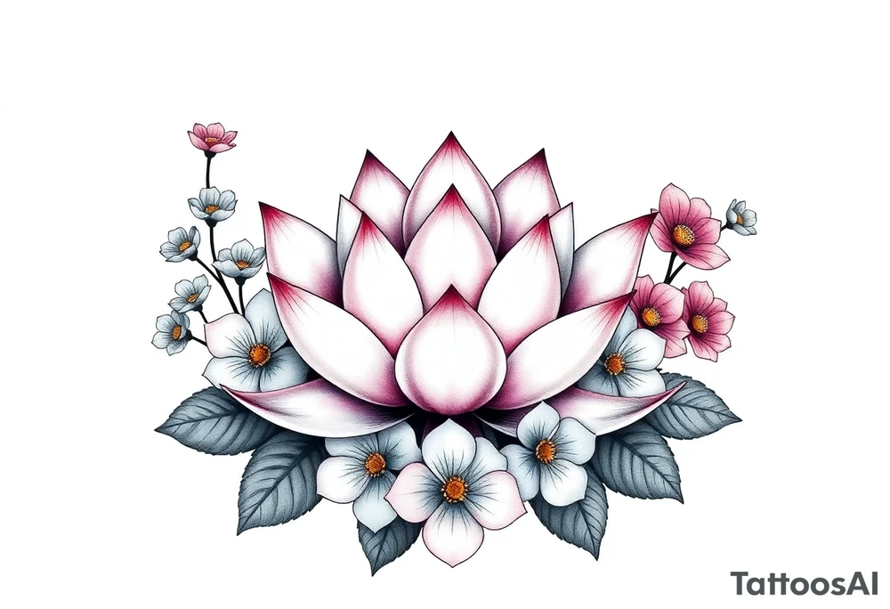 Lotus flower surrounded by forget me nots and peonies tattoo idea