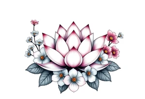 Lotus flower surrounded by forget me nots and peonies tattoo idea