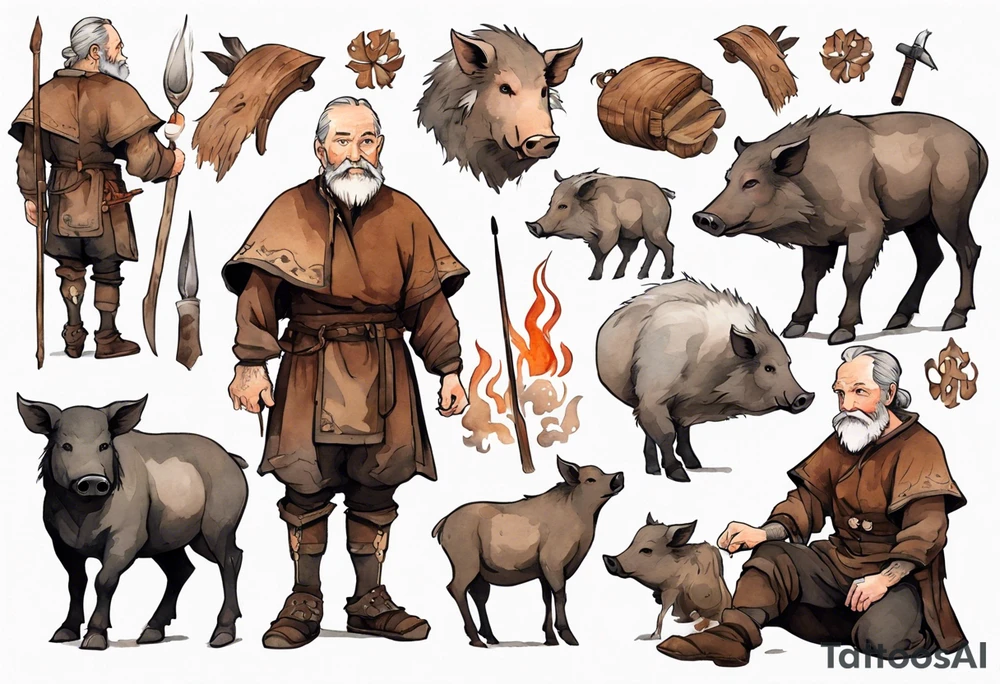 a 55-year-old medieval Bavarian man with a grey beard and broad shoulders wearing a brown and black tunic standing next to a boar by a fire tattoo idea