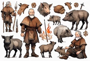 a 55-year-old medieval Bavarian man with a grey beard and broad shoulders wearing a brown and black tunic standing next to a boar by a fire tattoo idea