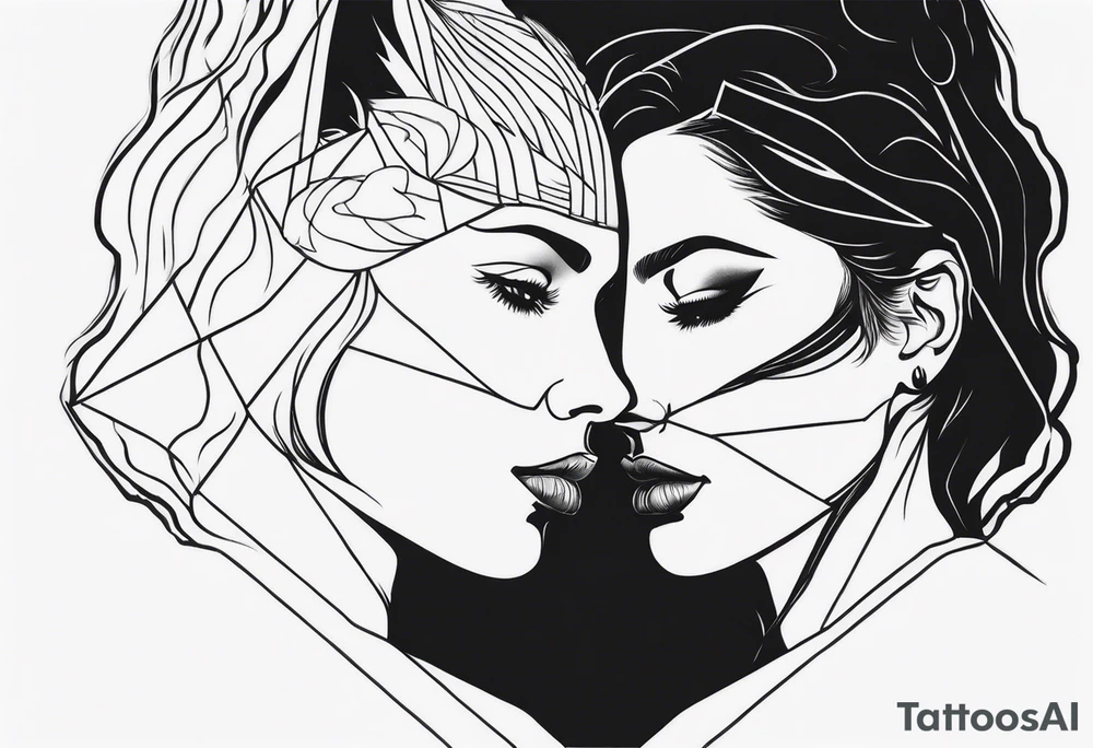 Woman’s face splitting into another with wolf cut hair tattoo idea