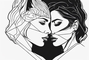 Woman’s face splitting into another with wolf cut hair tattoo idea