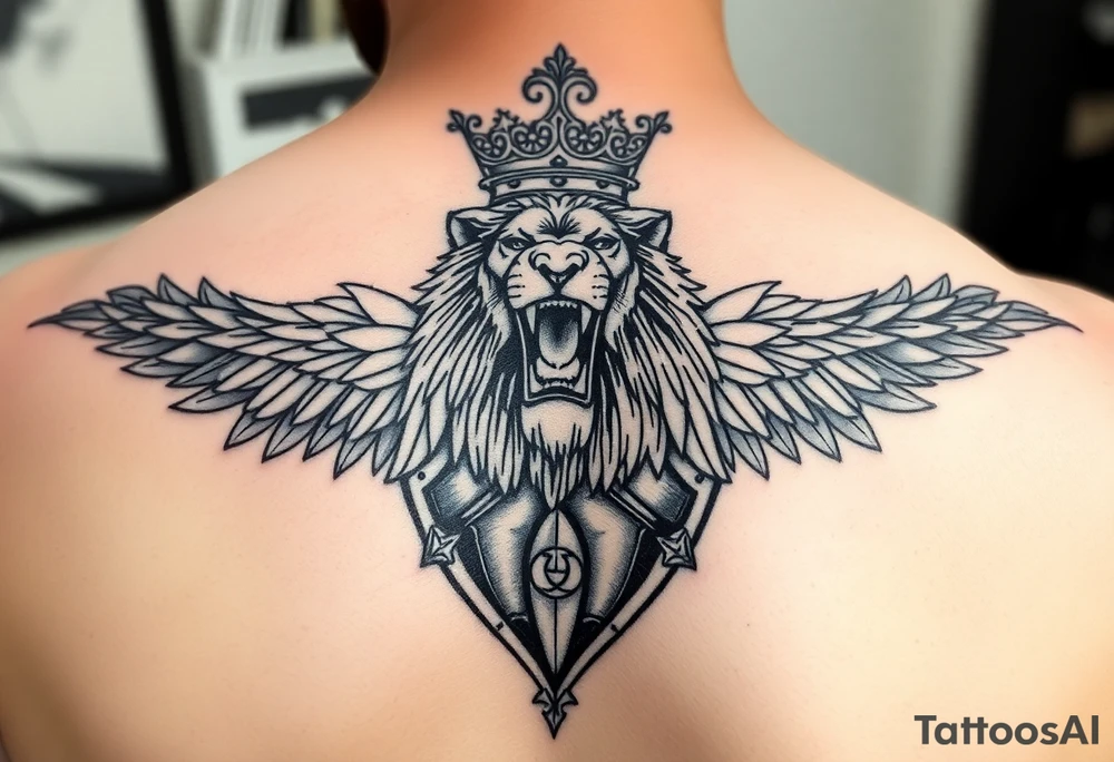 I have my name in fancy letters on my chest with a crown. I'd like to ad a left should tattoo of a roaring lion, and i want it to be a coat of armor. Kingly and heavenly armor tattoo idea