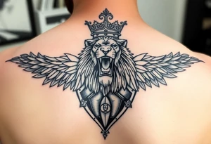 I have my name in fancy letters on my chest with a crown. I'd like to ad a left should tattoo of a roaring lion, and i want it to be a coat of armor. Kingly and heavenly armor tattoo idea