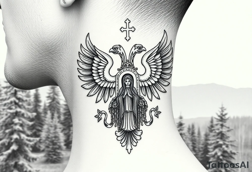 russian coat of arms double headed eagle traditional christian orthodox cross with a virgin mary stood in the entrance of a russian orthodox dome church on the side of the neck in a wilderness setting tattoo idea
