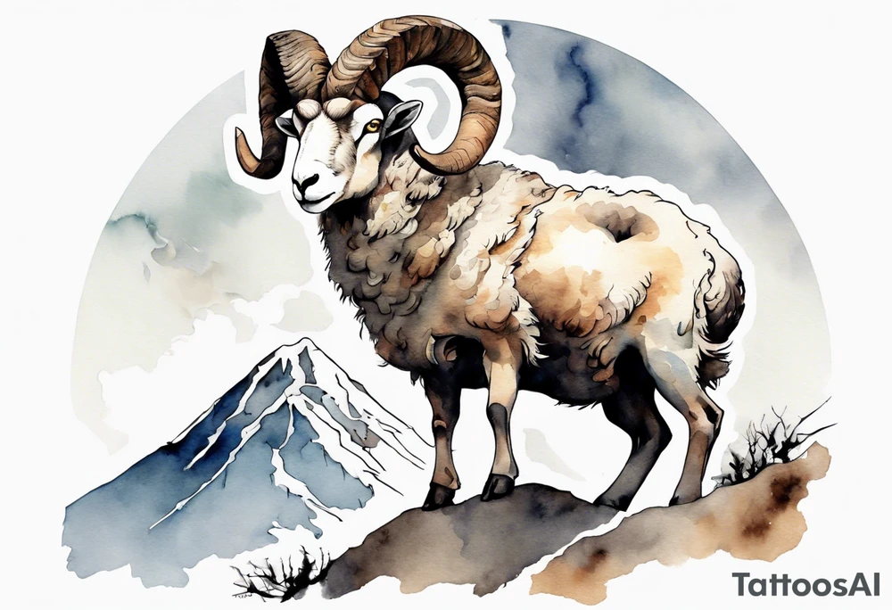 a solitary muscular man with the head of a big-horned sheep, on a mountain tattoo idea