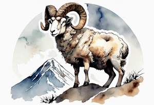 a solitary muscular man with the head of a big-horned sheep, on a mountain tattoo idea