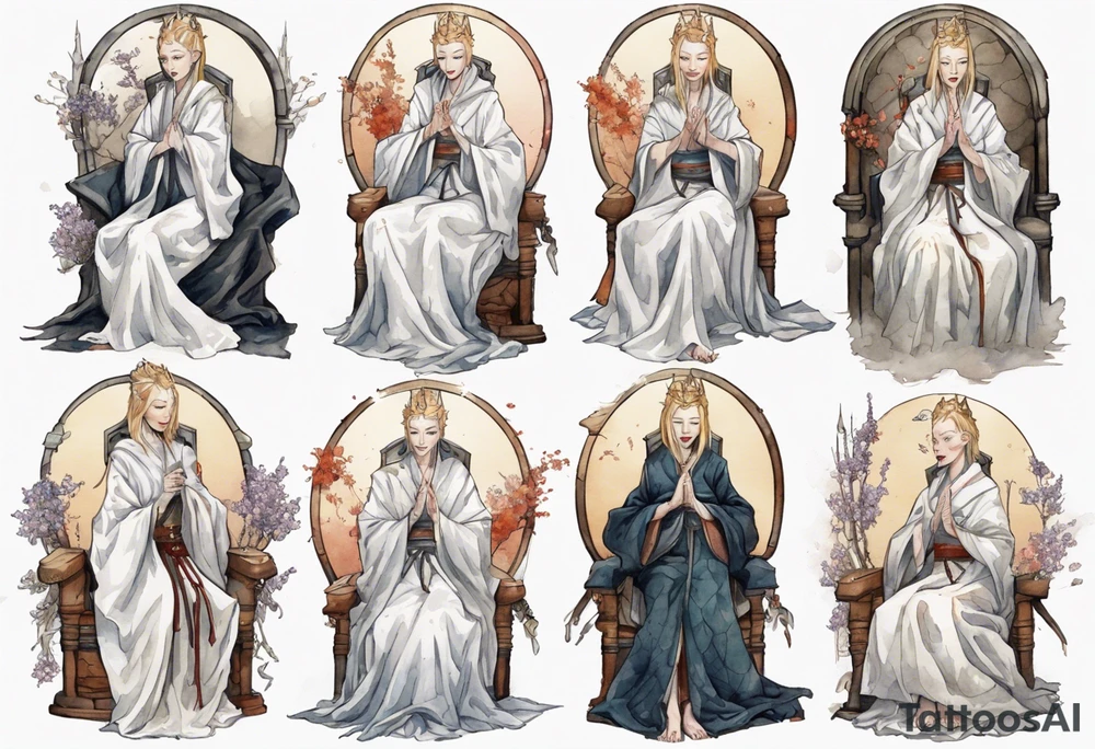 medieval Cate Blanchett dressed in white robes, weeping on throne tattoo idea