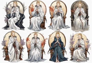 medieval Cate Blanchett dressed in white robes, weeping on throne tattoo idea