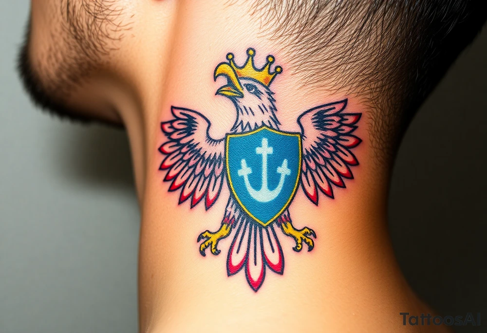 A majestic red and white Moravian eagle with golden crown on its head with a blue shield tattoo idea
