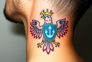 A majestic red and white Moravian eagle with golden crown on its head with a blue shield tattoo idea