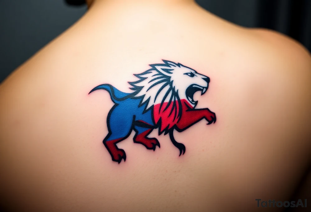 A Czech flag (blue. white and red) morphing into a roaring lion, symbolizing national pride and strength, with deep red, white, and royal blue tones. tattoo idea