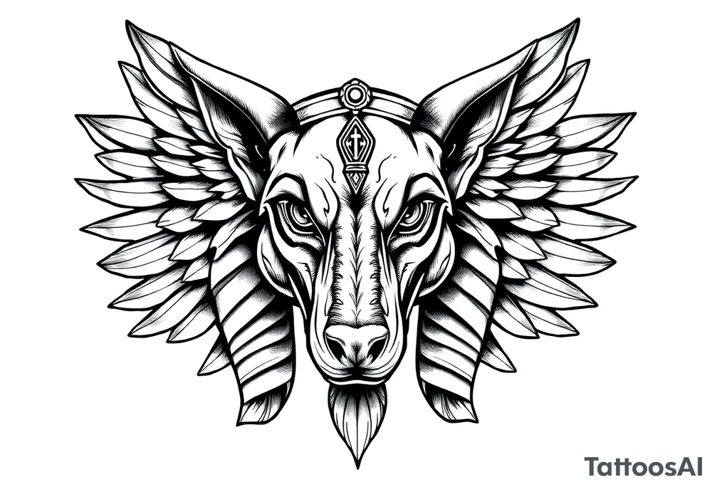 Egyptian Anubis god face muscle in Egypt style  with mantle on head with empty eyes 

dog face surrounded Egyptian symbols based on elements tattoo idea