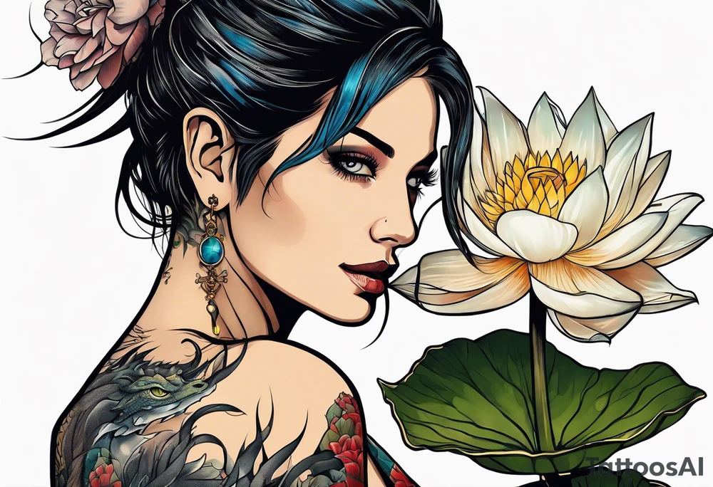 A woman with a dragon tattoo on her arm, holding a lotus flower. tattoo idea
