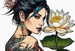 A woman with a dragon tattoo on her arm, holding a lotus flower. tattoo idea