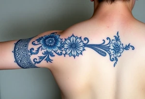 forearm sleeve porcelain blue style with ornate and floral decor with a detailed banded border at the wrist and elbow. tattoo idea
