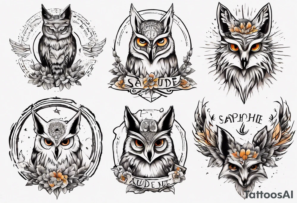 halb 
Fuchs halb Eule unter der Sonne mit dem Schriftzug Sapere Aude tattoo idea