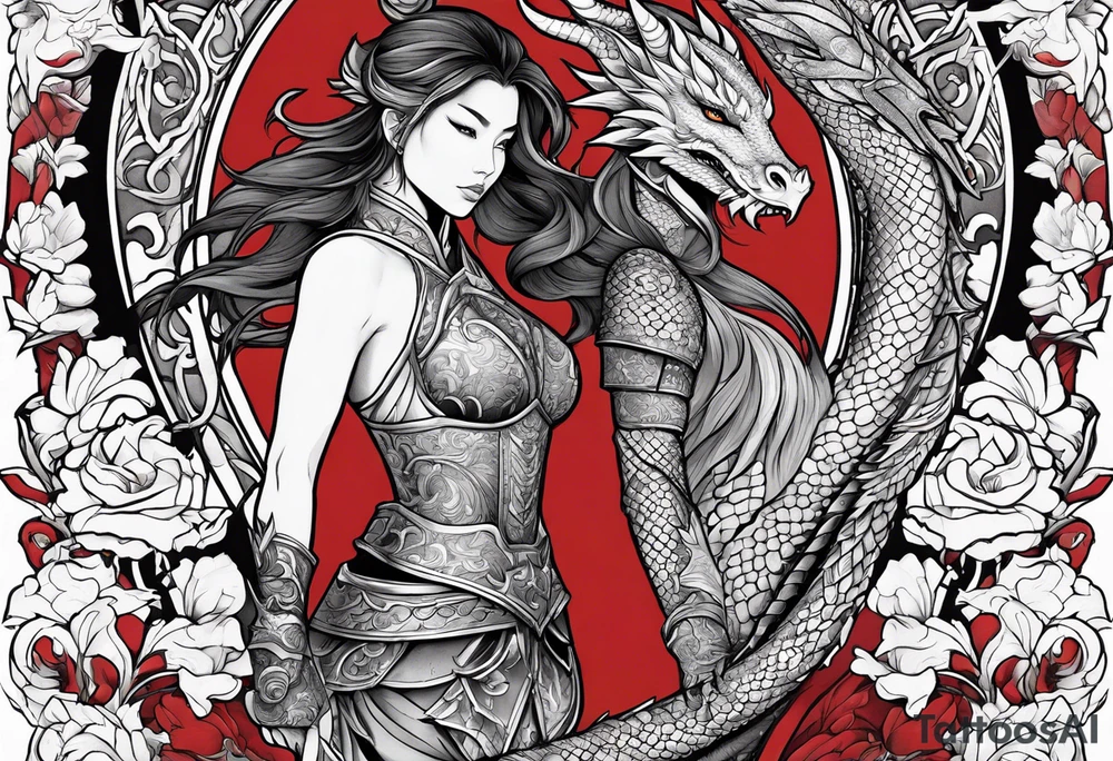 beautiful warrior woman wearing dragon armor and a floral background and a dragon a full picture tattoo idea
