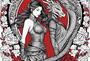 beautiful warrior woman wearing dragon armor and a floral background and a dragon a full picture tattoo idea