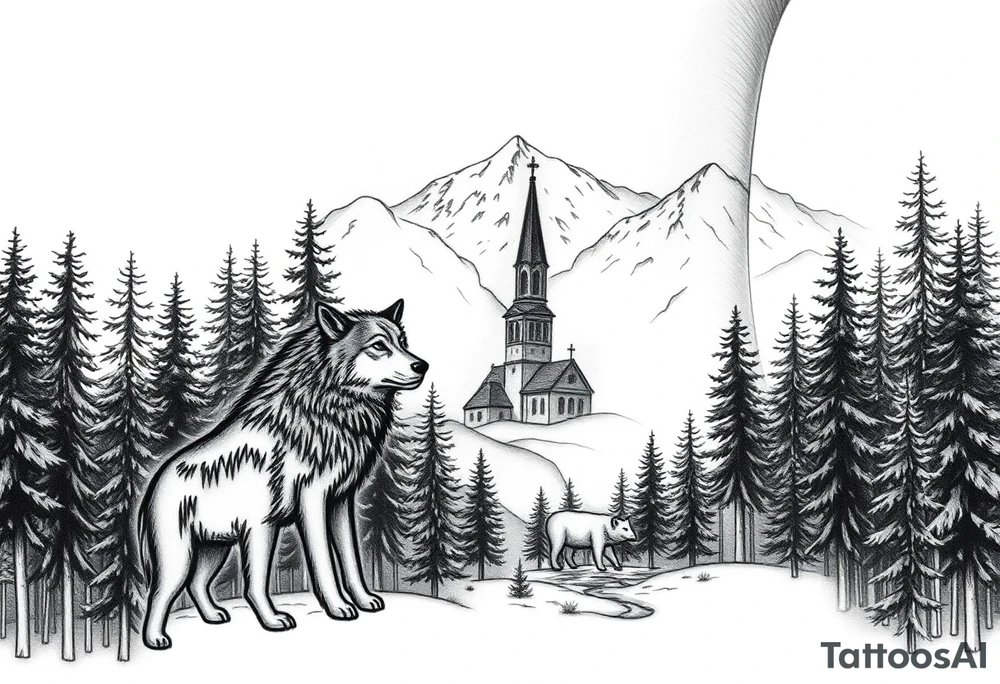 Nature/Landscape

Wolves in a pine forest (extending the tree line you already have)
A Russian bear emerging from the treeline
Snow-capped mountains behind the church scene tattoo idea