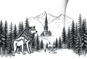 Nature/Landscape

Wolves in a pine forest (extending the tree line you already have)
A Russian bear emerging from the treeline
Snow-capped mountains behind the church scene tattoo idea