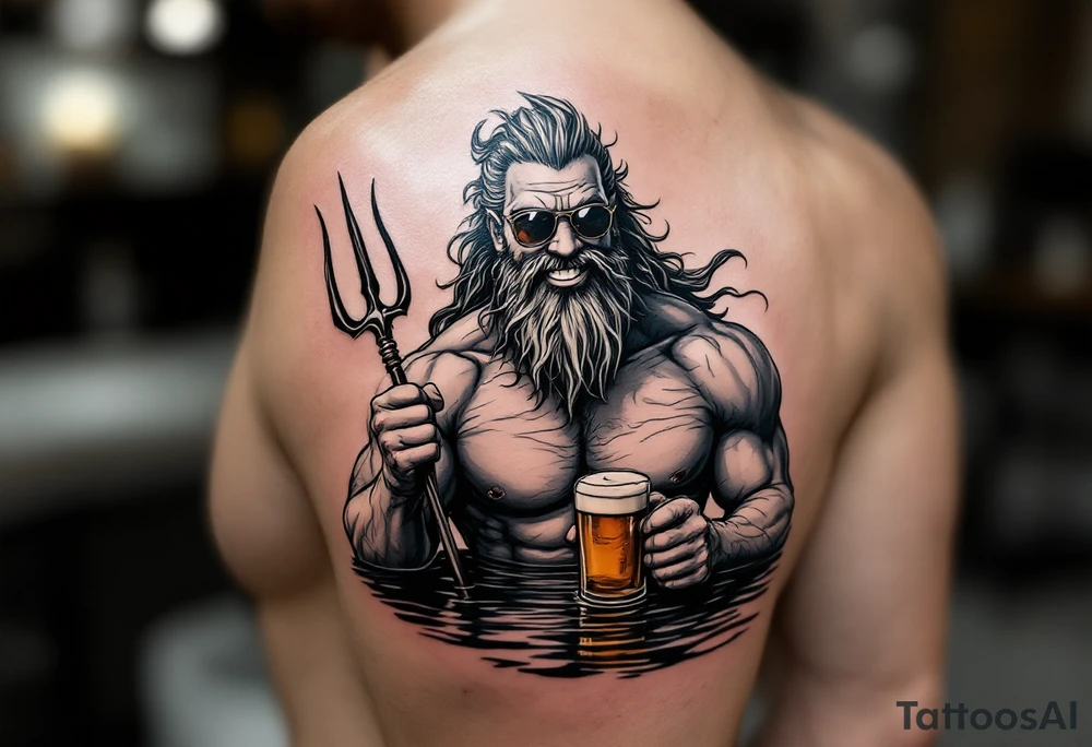 smiling, fit poseidon, with a trident, in calm water, holding a beer, with sunglasses tattoo idea