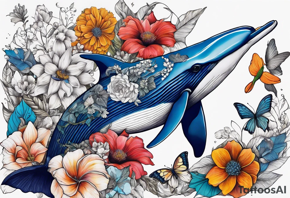 flowers, bold color, collage, blue whale, hummingbird tattoo idea