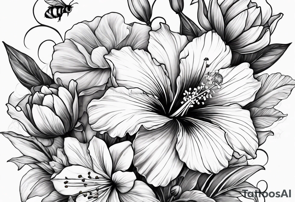 Verticle arm placement of dainty hibiscus, TULIPS, LILLIES, DRAGONflower, with wildflowers, poppy, complimentary flowers, bees, peony, forearm tattoo idea