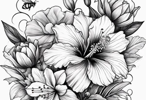 Verticle arm placement of dainty hibiscus, TULIPS, LILLIES, DRAGONflower, with wildflowers, poppy, complimentary flowers, bees, peony, forearm tattoo idea