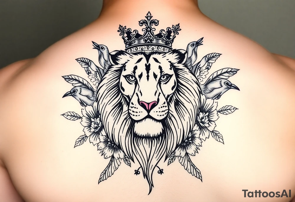 powerful majestic lion with a crown, surrounded by floral ornaments and birds tattoo idea