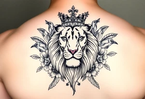 powerful majestic lion with a crown, surrounded by floral ornaments and birds tattoo idea