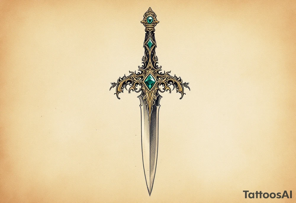 Vintage Ornate Dagger – A detailed dagger with intricate patterns along the blade and hilt, featuring golden accents and a deep emerald green gem in the pommel. The blade is shaded in dark steel gray with subtle silver highlights tattoo idea
