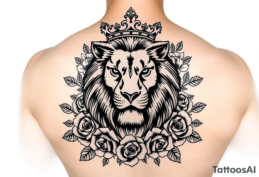 powerful majestic lion with a crown, surrounded by floral ornaments and roses tattoo idea