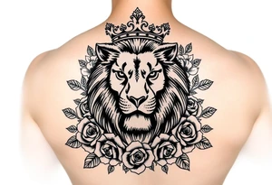 powerful majestic lion with a crown, surrounded by floral ornaments and roses tattoo idea