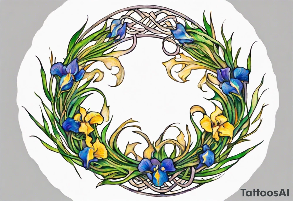 Create a small, colorful Vincent van Gogh Irises tattoo in the form of a crescent, with vines in Celtic knot style gracefully intertwining at a central point in the middle of the wreath. The intended placement is on the upper chest. The middle needs mountains. The overall design should be small in size while maintaining a delicate and artistic aesthetic. Pay attention to the graceful flow of the vines and the placement of the irises to achieve a refined and elegant look. tattoo idea