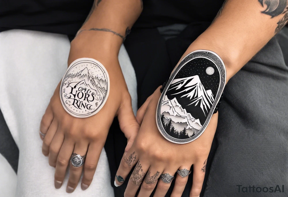 lord of the rings ring lettering with mountains above it and silhouette image of the characters on their travels through the mountains tattoo idea
