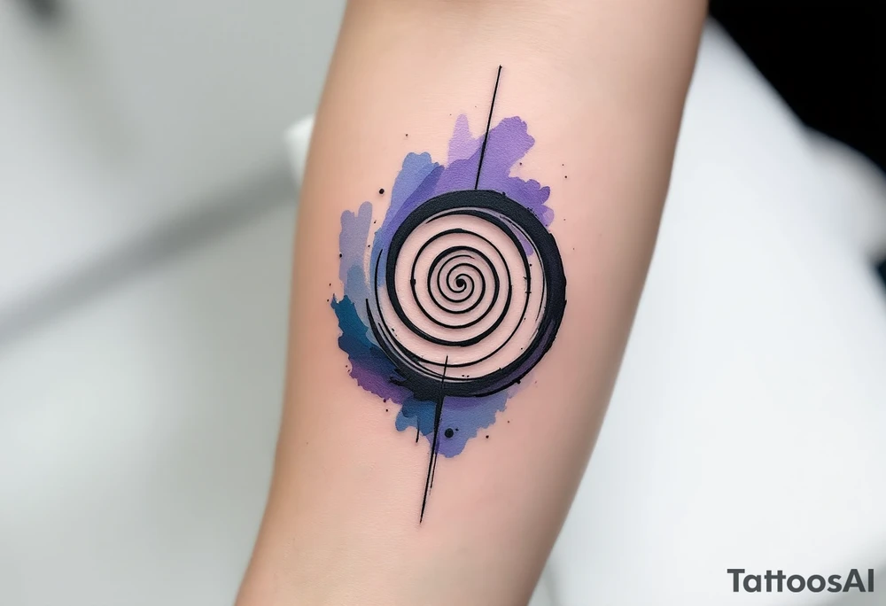 A minimalistic black spiral nestled inside a watercolor wash of soft purples and blues. tattoo idea