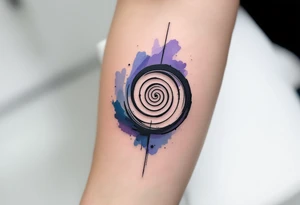 A minimalistic black spiral nestled inside a watercolor wash of soft purples and blues. tattoo idea