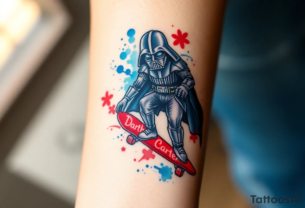 Darth Vader skateboarding >
blue & red
skateboard words "Darth Carter"
add date 12/29/88-01/06/24 tattoo idea